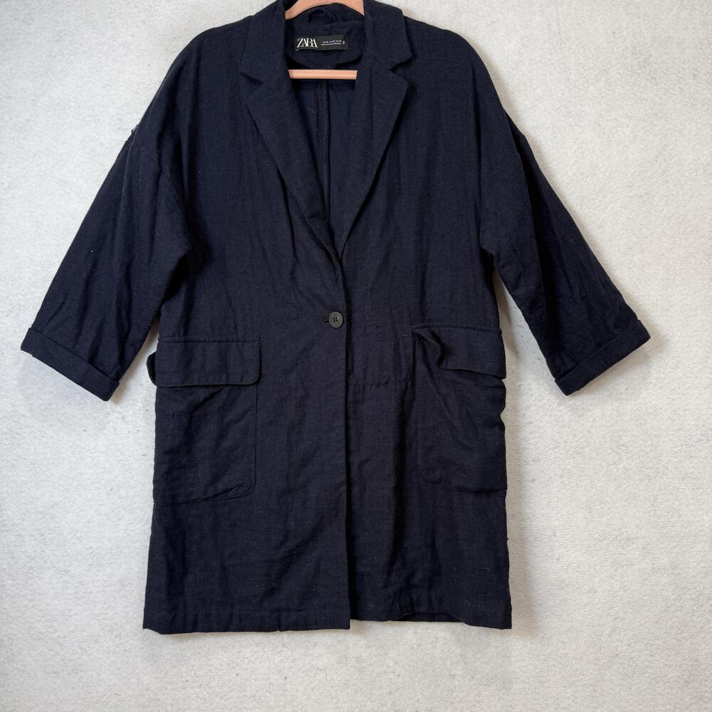 ZARA Blazer Womens XS Blue Viscose Linen Soft 3/4 Sleeve Single Button Pockets